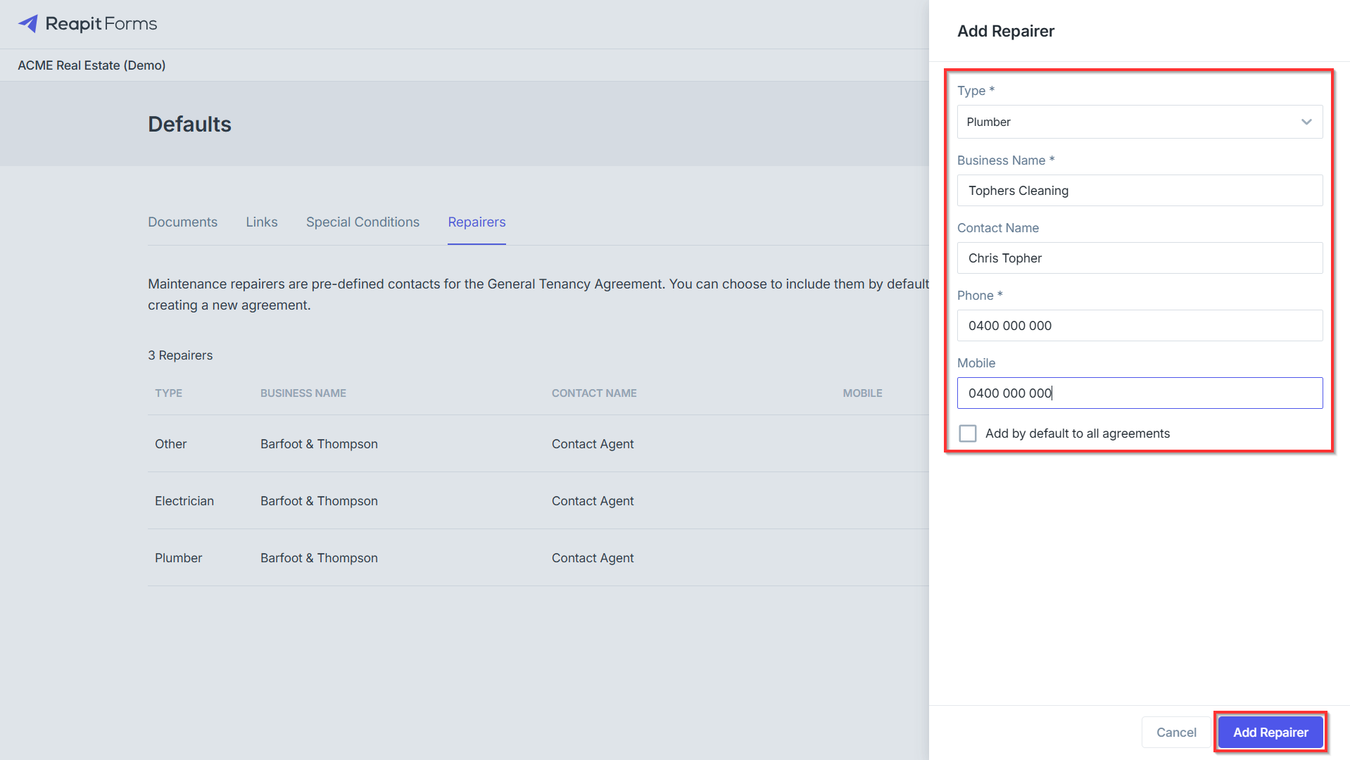 Setting up Agency Defaults in Reapit Forms