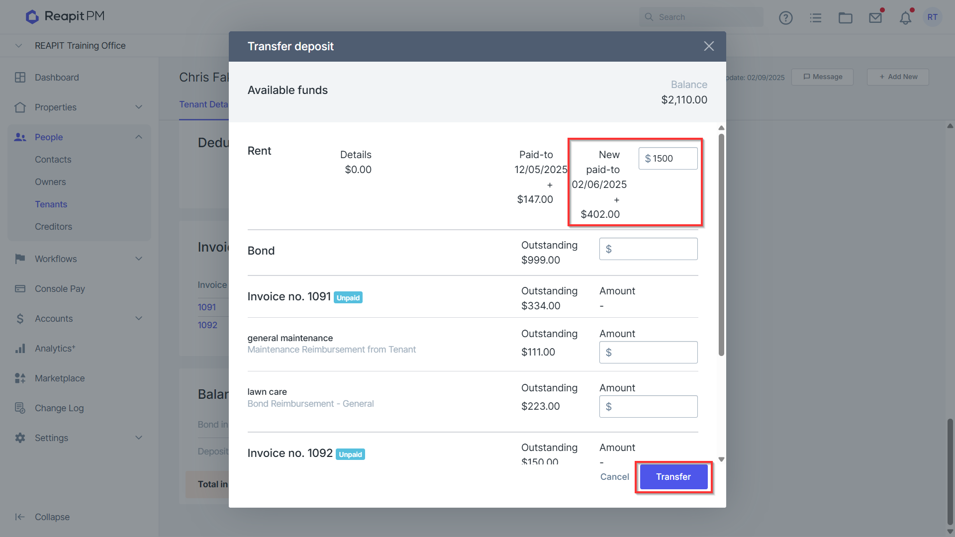 Transferring Tenant Deposit to Rent in Cloud