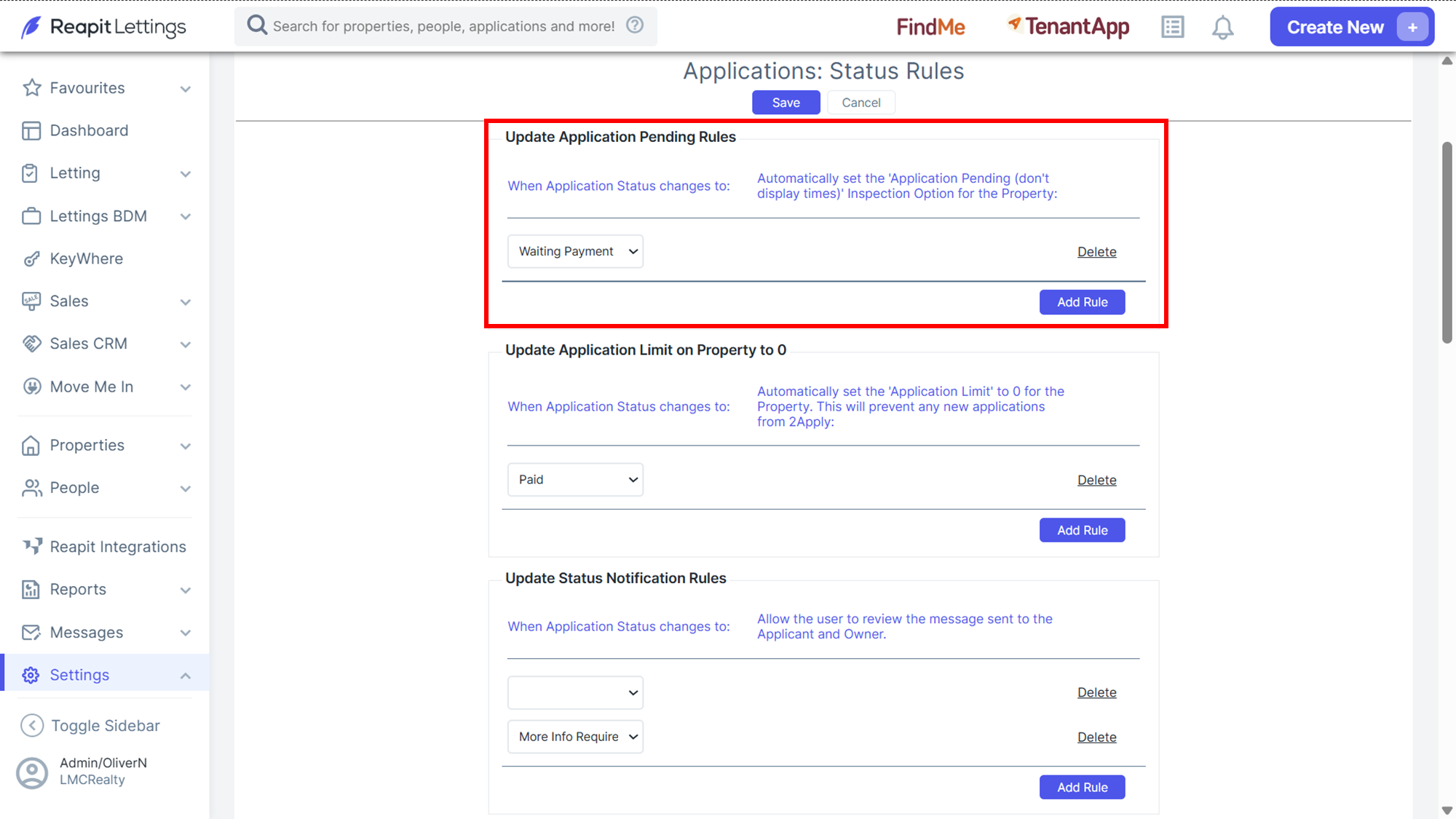 Applications Settings - Status Rules