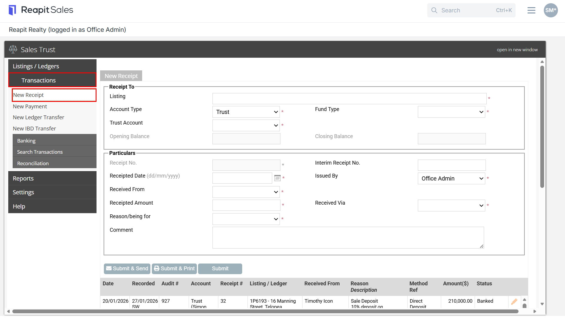 Receipt Into IBD Account