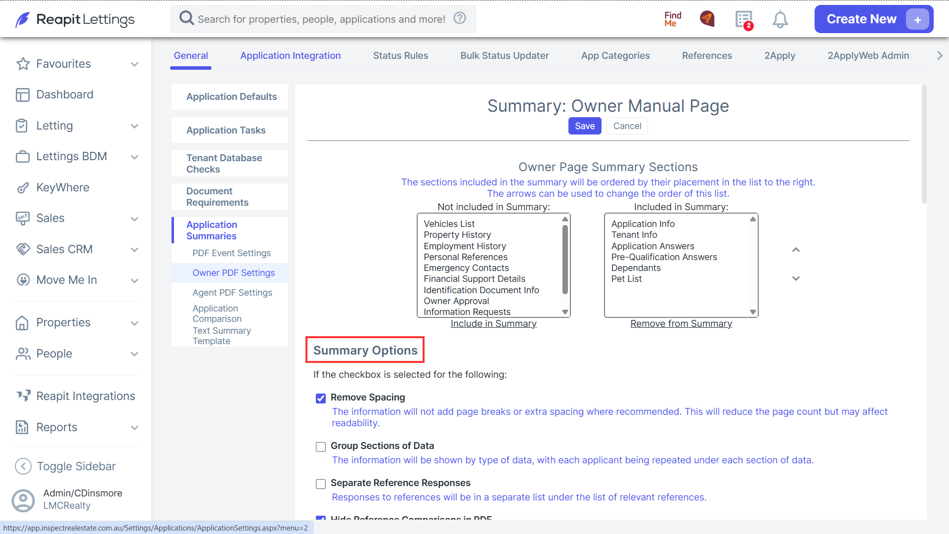 Owner Summary Settings